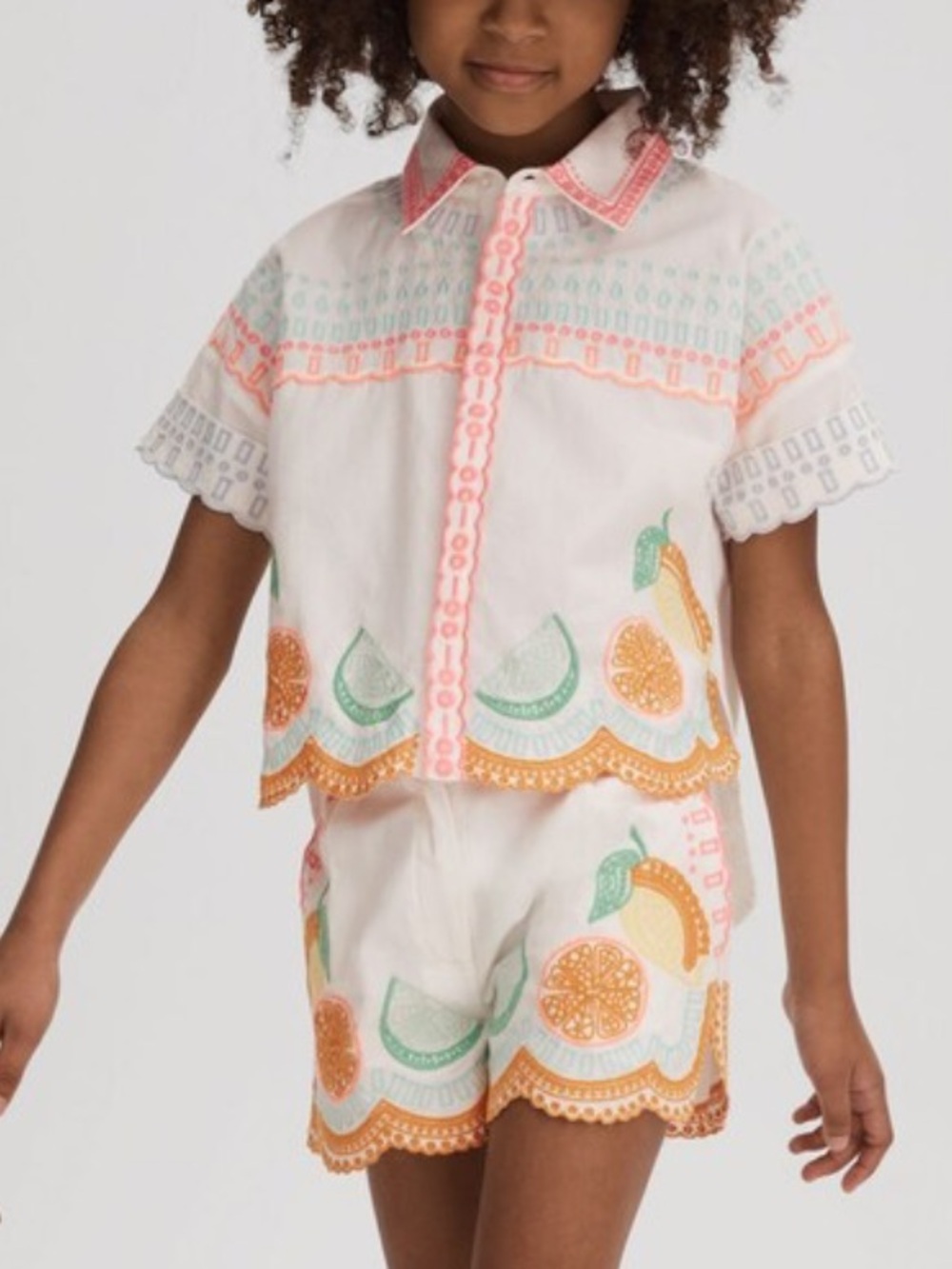 $114 Gorgeous Reiss White Shirt with Pink and Mint Embroidery size 10-11 EUC